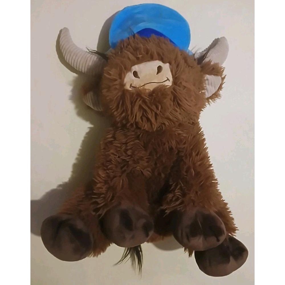 Goffa Highland Cow Plush Stuffed Animal W/ Blue Baseball Cap Brown Shaggy 18inch